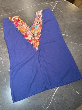 Blue V-Neck Women’s Top with Multicolor Embellished Trim
